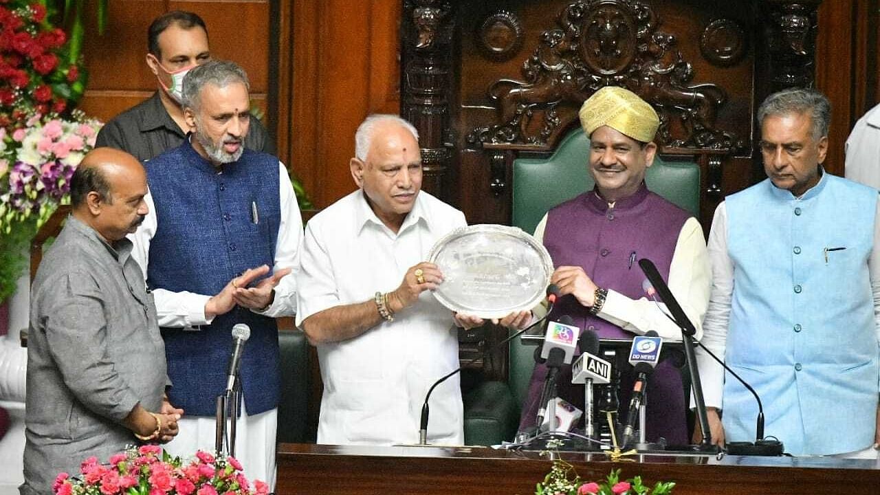 Yediyurappa, a four-time chief minister and an eight-time legislator, was chosen for the award by a committee headed by Kageri with Chief Minister Basavaraj Bommai, Law Minister JC Madhuswamy, Leader of the Opposition Siddaramaiah and senior Congress MLA RV Deshpande as members.  Credit: Chief Minister's Office