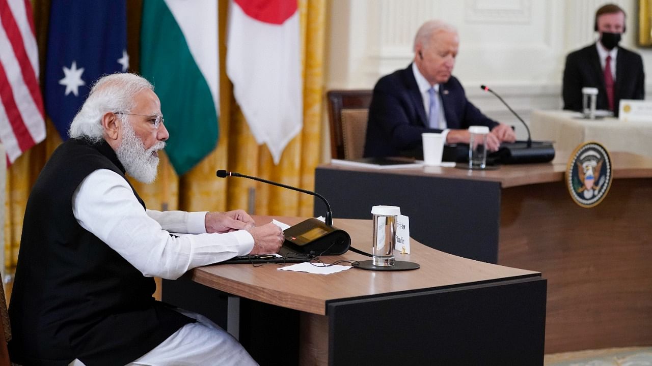 Prime Minister Narendra Modi speaks during the Quad summit with President Joe Biden, Australian Prime Minister Scott Morrison and Japanese Prime Minister Yoshihide Suga. Credit: AP/PTI Photo