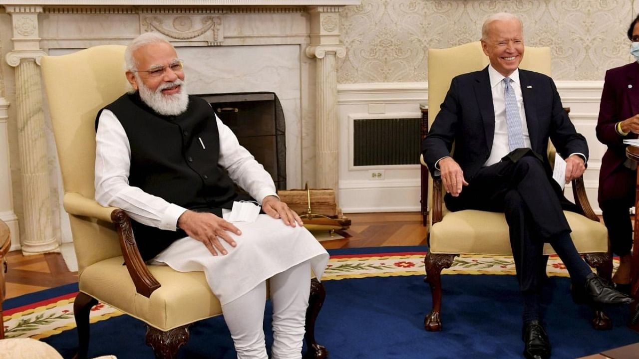 Prime Minister Narendra Modi with US President Joe Biden meets in the Oval Office of the White House. Credit: PTI Photo