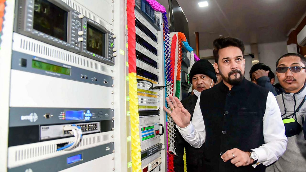 Union Minister for Information & Broadcasting, Youth Affairs and Sports, Anurag Singh Thakur at the inauguration of the high power transmitters at world’s highest radio station at Humbuting La, in Kargil, Ladakh. Credit: PTI Photo