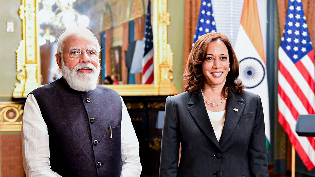 Narendra Modi and Kamala Harris (R). Credit: PTI Photo