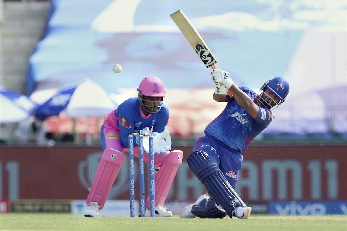  Rishabh Pant Captain of Delhi Capitals plays a shot during match 36 of the Indian Premier League between the Delhi Capitals and the Rajasthan Royals, at the Sheikh Zayed Stadium, Abu Dhabi in the United Arab Emirates. Credit: PTI Photo