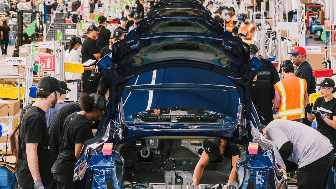 An assembly line for the Model 3 at Tesla's factory in Fremont. Credit: NYT