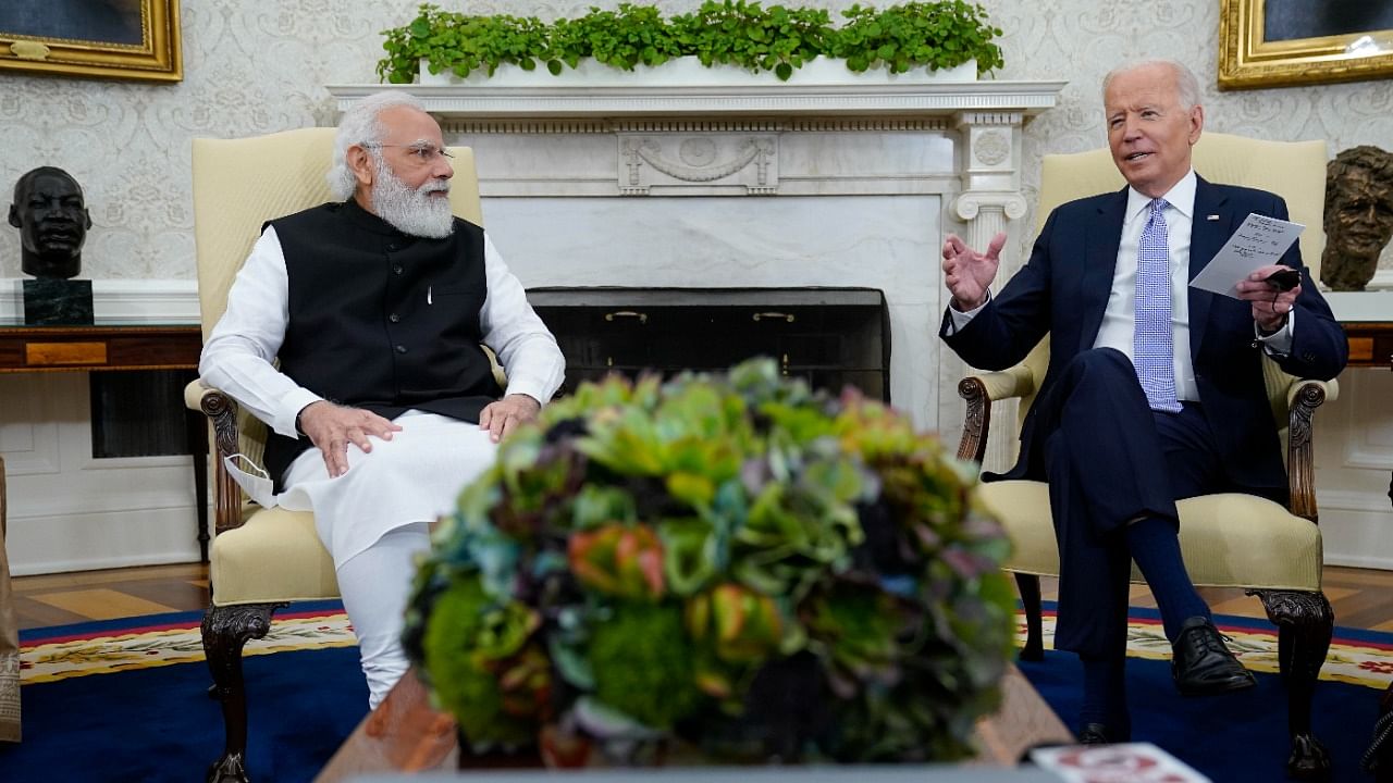 Joe Biden meets PM Modi in the Oval Office. Credit: AP Photo