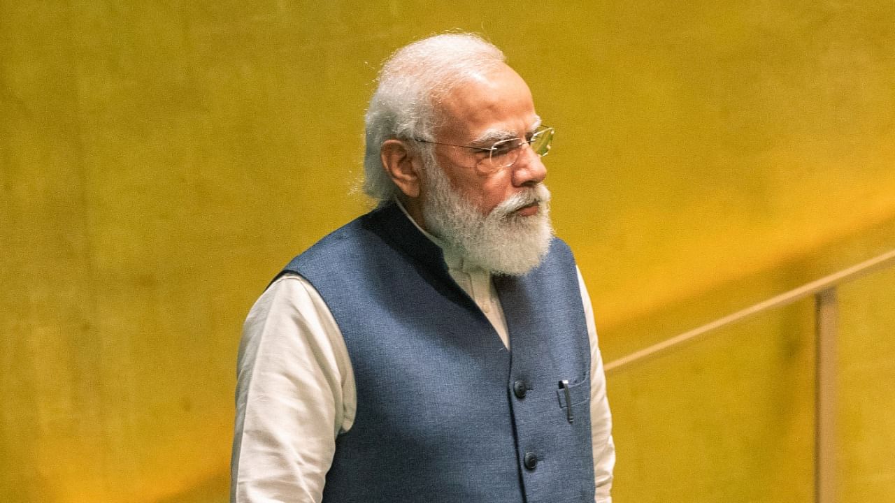India's Prime Minister Narendra Modi arrives to address the 76th Session of the UN General Assembly at United Nations headquarters in New York, on Saturday. Credit: AP/PTI Photo