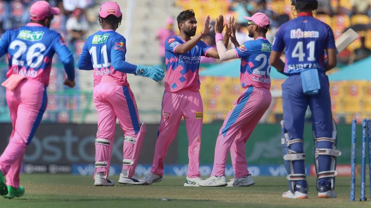 Rajasthan Royals celebrates the wicket of Shreyas Iyer of Delhi Capitals during match 36 of the IPL. Credit: PTI File Photo