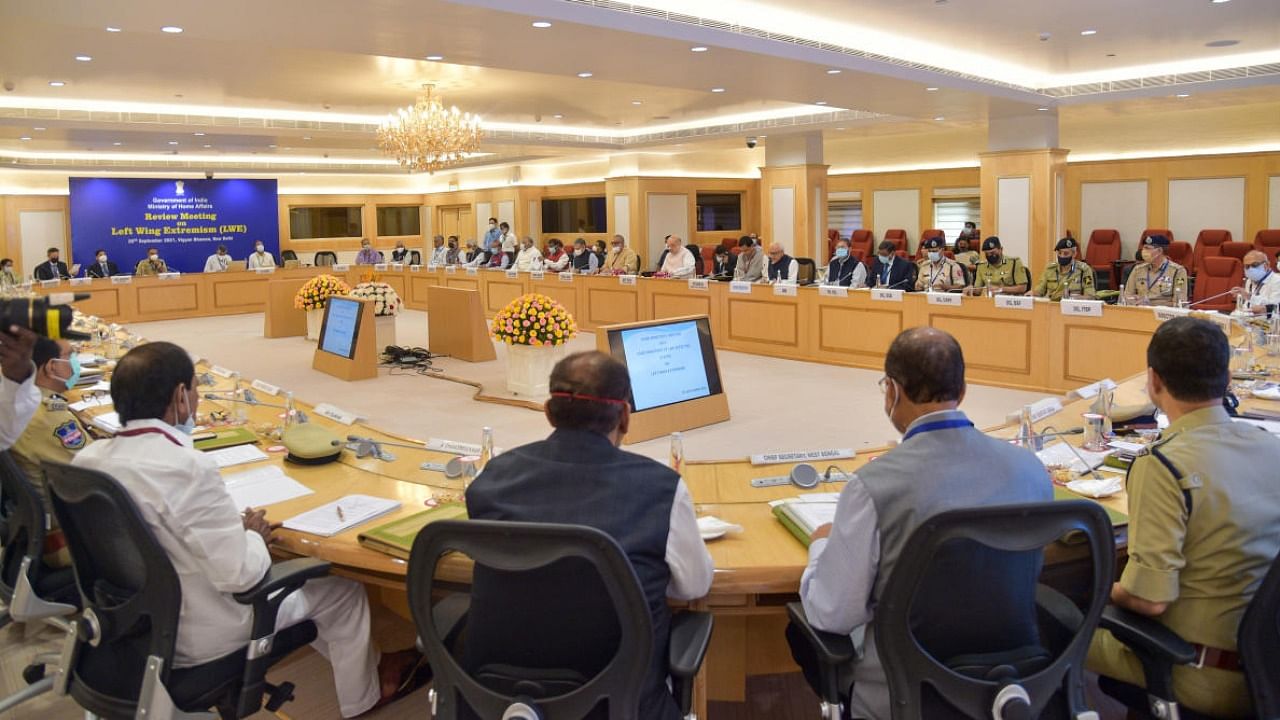  Union Home Minister Amit Shah chairs a high-level meeting with Chief Ministers of ten Naxal-hit states, at Vigyan Bhawan in New Delhi. Credit: PTI Photo