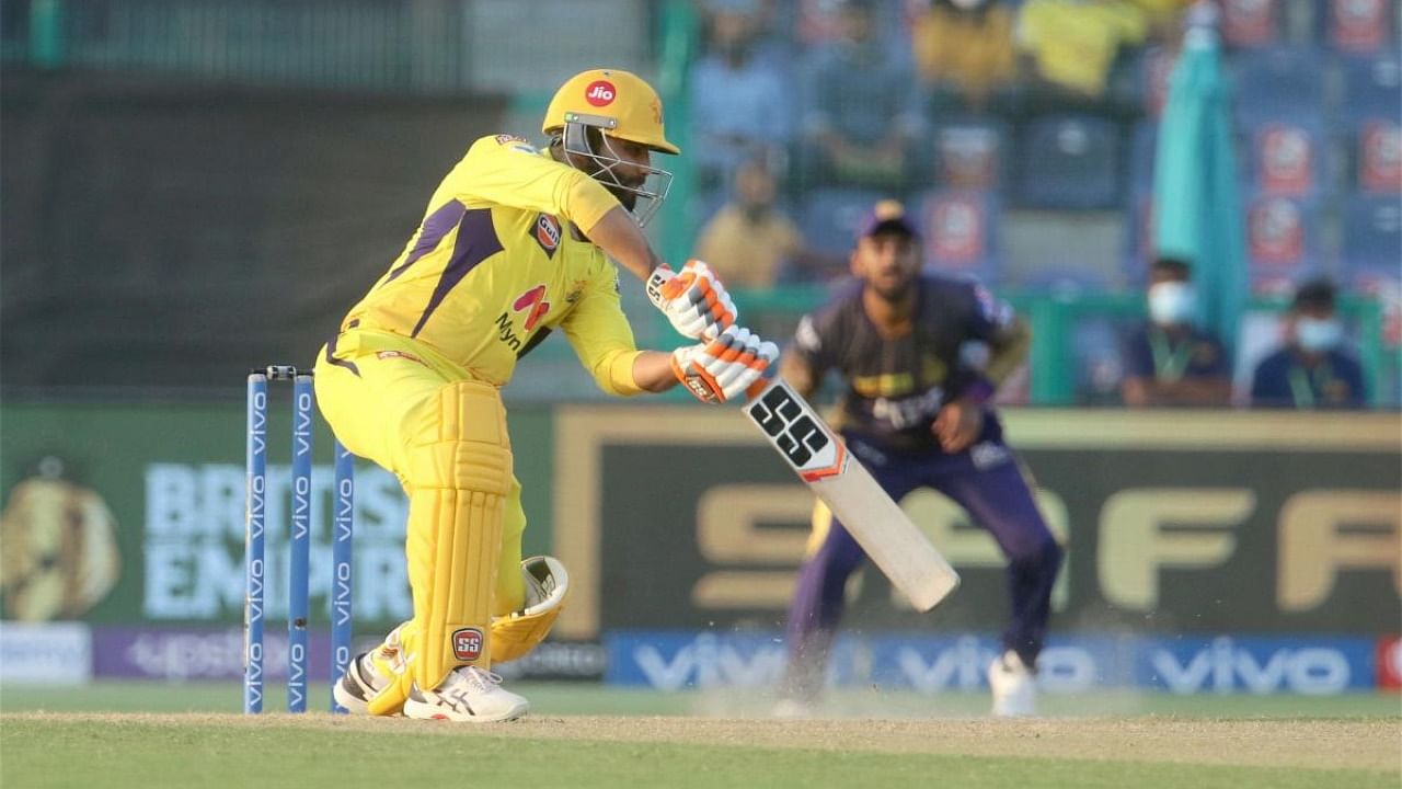 Ravindra Jadeja of Chennai Super Kings plays a shot during match 38 of the Indian Premier League between the Chennai Super Kings and the Kolkata Knight Riders. Credit: PTI Photo/Sportspicz for IPL