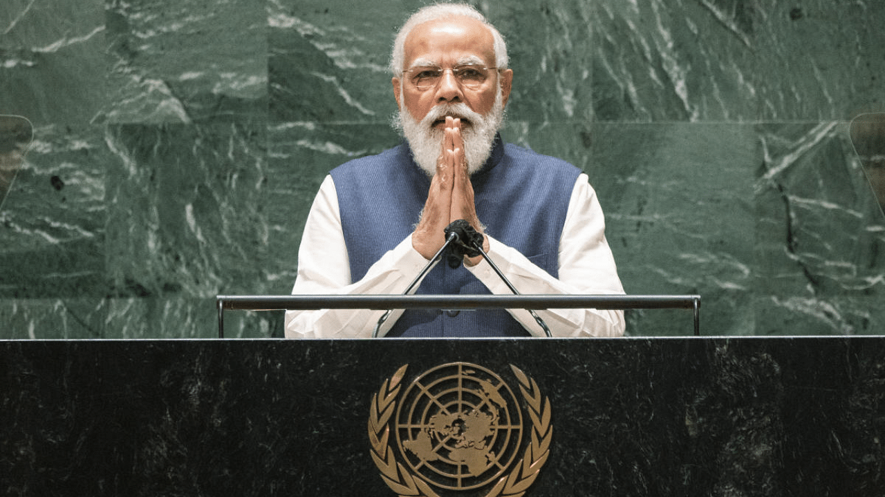 India's Prime Minister Narendra Modi addresses the 76th Session of the U.N. General Assembly at United Nations headquarters in New York. Credit: AP Photo