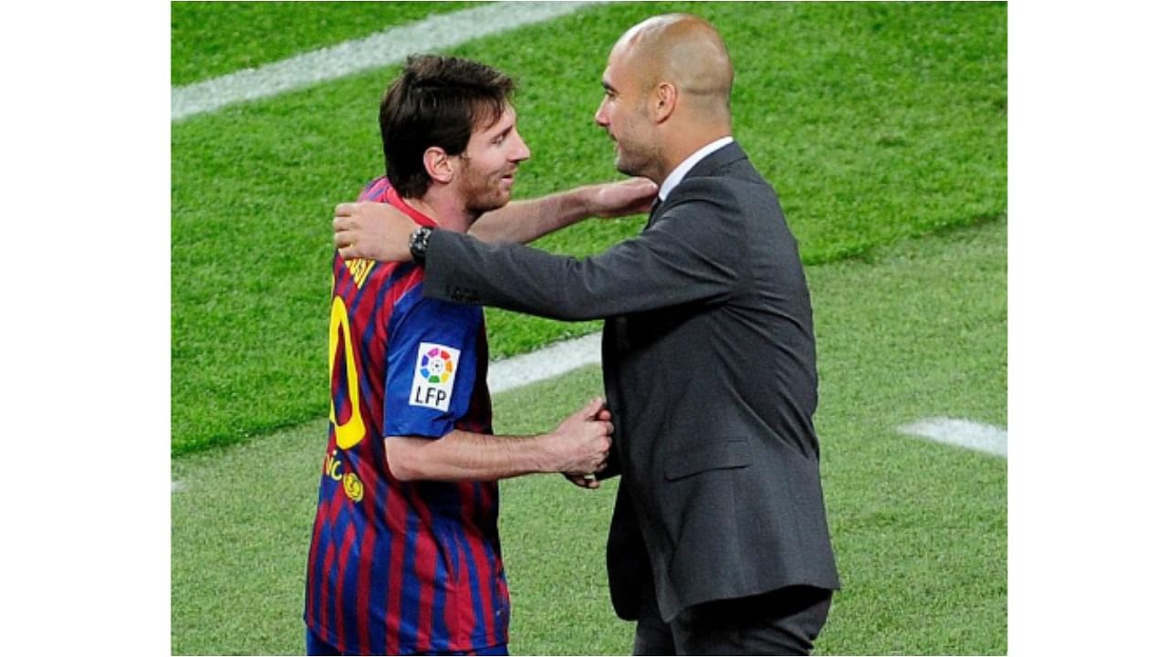 Lionel Messi and Pep Guardiola. Credit: AFP File Photo