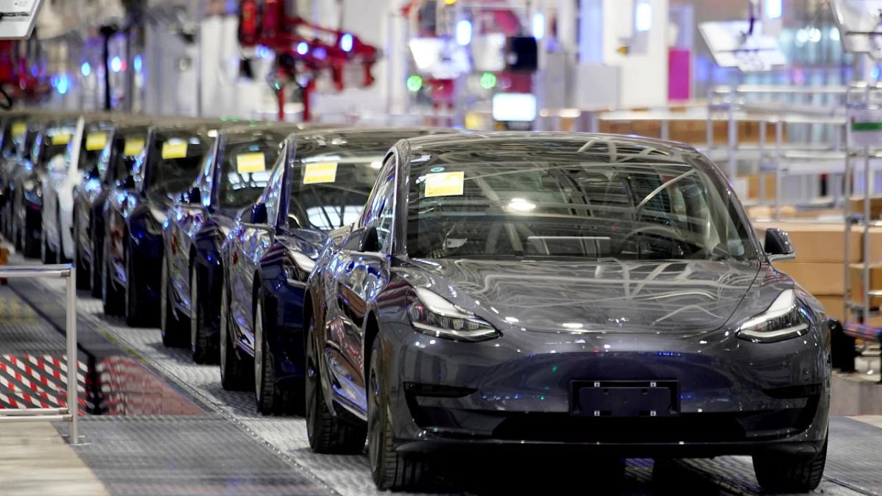 Tesla China-made Model 3 vehicles at its factory in Shanghai. Credit: Reuters File Photo