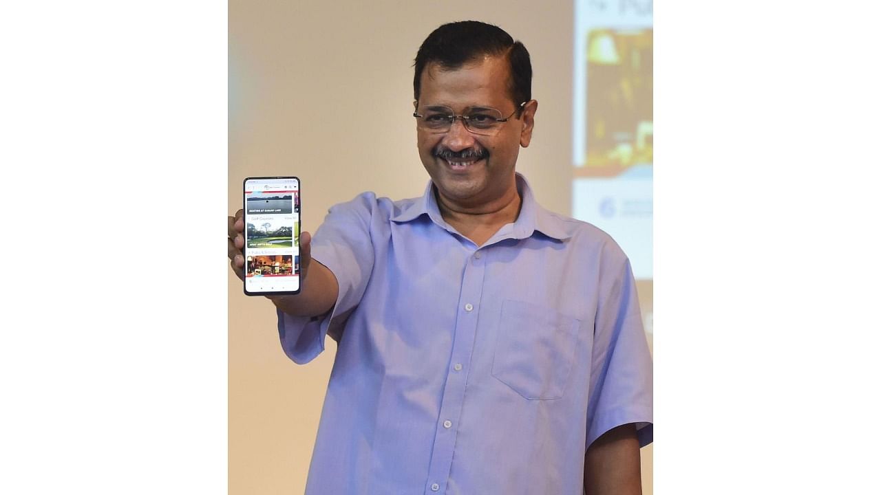 Delhi Chief Minister Arvind Kejriwal launches a Delhi Tourism App. Credit: PTI Photo