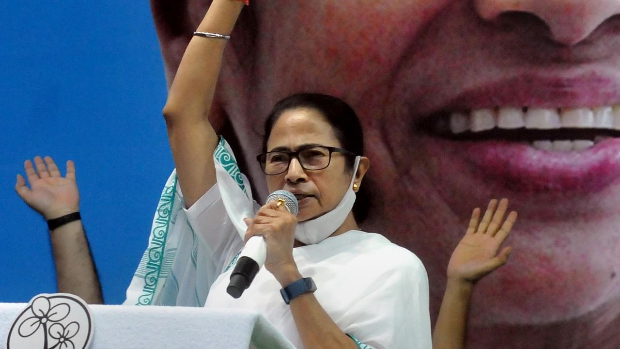 West Bengal Chief Minister and TMC candidate from Bhabanipur constituency Mamata Banerjee addresses during her Assembly bye-election campaign in Kolkata. Credit: PTI Photo