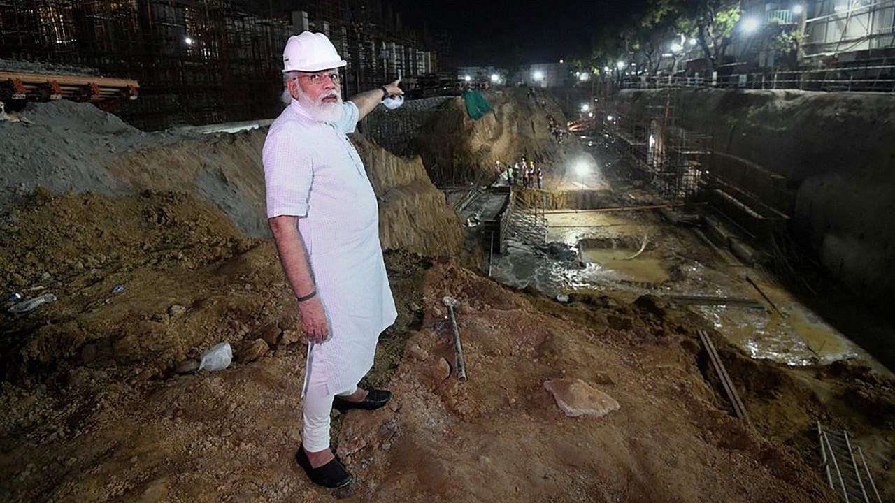 Prime Minister Narendra Modi inspects construction work of new Parliament building in New Delhi. Credit: PTI Photo