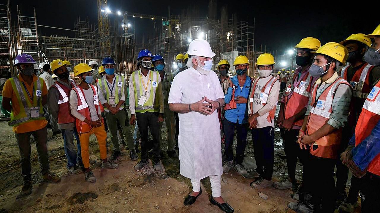 Prime Minister Narendra Modi inspects construction work of new Parliament building in New Delhi, Sunday, September 26, 2021. Credit: PTI Photo