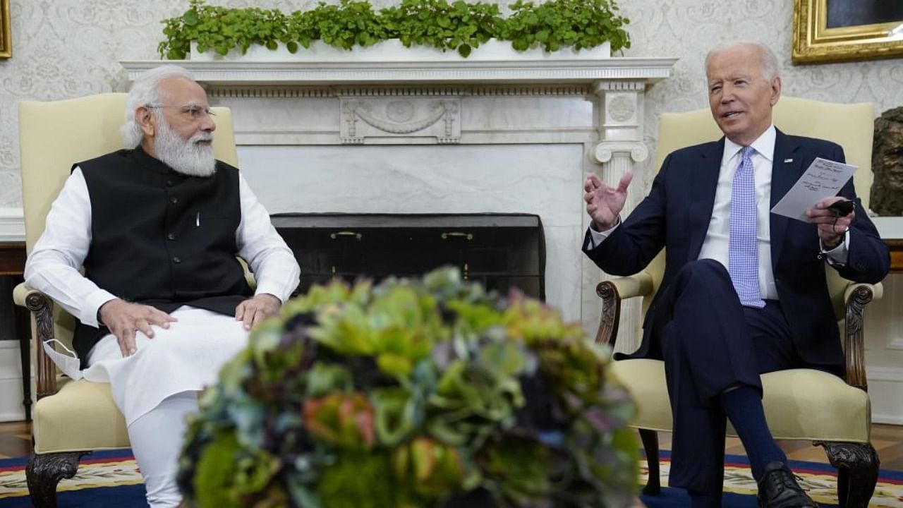 United States President Joe Biden meets with Indian Prime Minister Narendra Modi in the Oval Office of the White House. Credit: AP File Photo