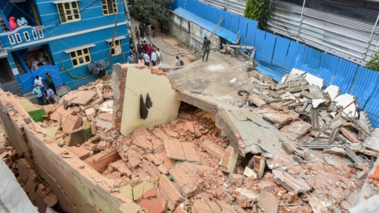 A view of the multi-storey building that collapsed in Lakkasandra on Monday. Credit: DH Photo/Anup Ragh T