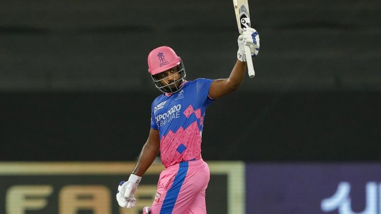 Sanju Samson of Rajasthan Royals celebrating half century during match 40 of the Vivo Indian Premier League between the Sunrisers Hyderabad and the Rajasthan Royals, at the Dubai International Stadium in the United Arab Emirates. Credit: PTI Photo