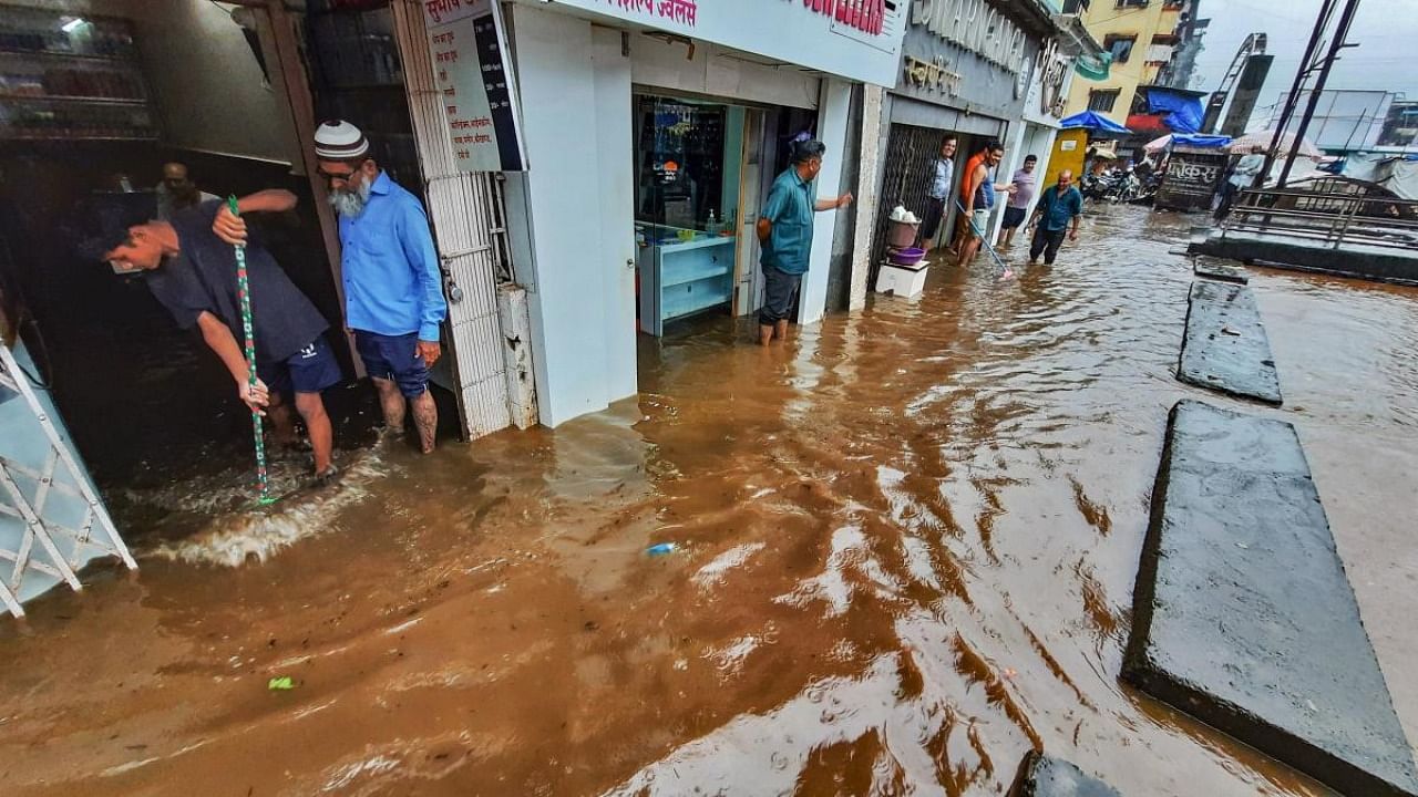 A flooded locality after heavy rains due to cyclone Gulab's influence, at Mumbra in Thane in Maharashtra. Credit: PTI Photo