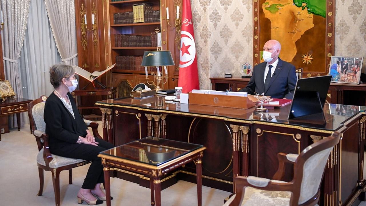Tunisia's President Kais Saied meets with newly appointed PM Najla Bouden Romdhane, in Tunis. Credit: Reuters Photo