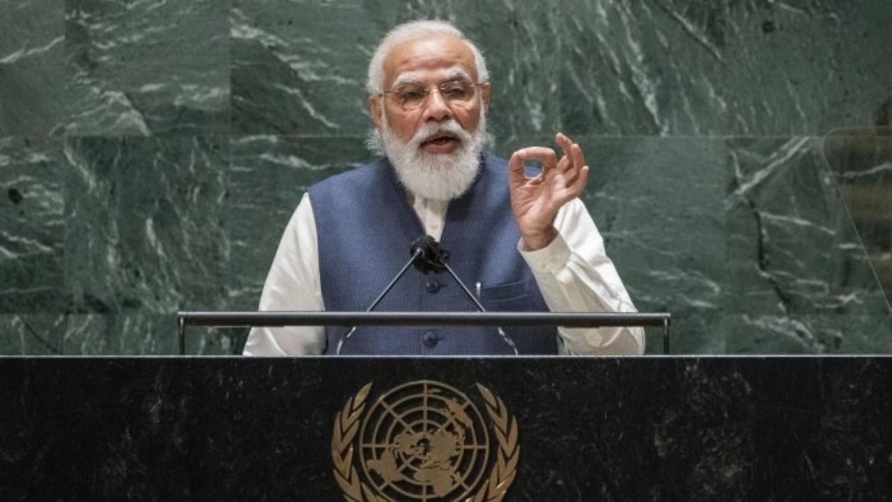 India's Prime Minister Narendra Modi addresses the 76th Session of the UN General Assembly at United Nations headquarters in New York, on Saturday, September 25, 2021. Credit: AP Photo