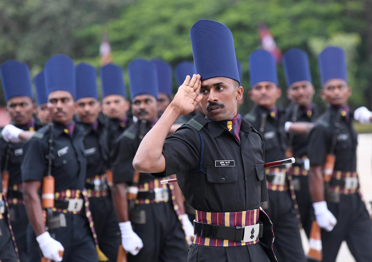 MEG recruit platoons at a rehearsal for the passing-out parade on Wednesday. Credit: DH Photo/B H Shivakumar