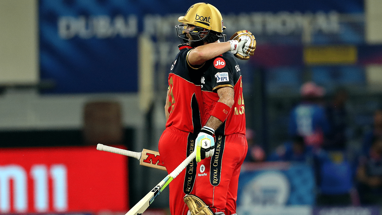 AB de Villiers of Royal Challengers Bangalore and Glenn Maxwell of Royal Challengers Bangalore. Credit: PTI Photo