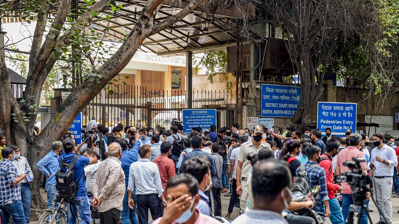 Jailed gangster Jitendra Gogi and his two assailants posing as lawyers were killed inside the Rohini courtroom on September 24. Credit: PTI Photo