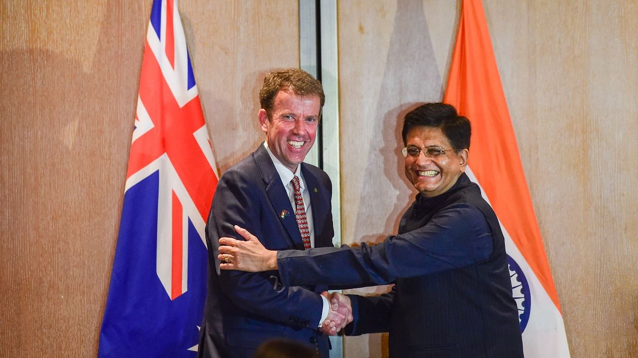 Union Commerce and Industry Minister Piyush Goyal with his Australian counterpart Dan Tehan. Credit: PTI Photo