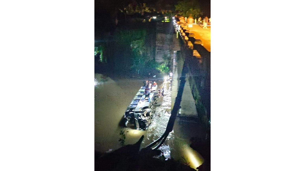 The bus fell into a river in the wee hours of Thursday. Credit: East Garo Hills District Police, Meghalaya
