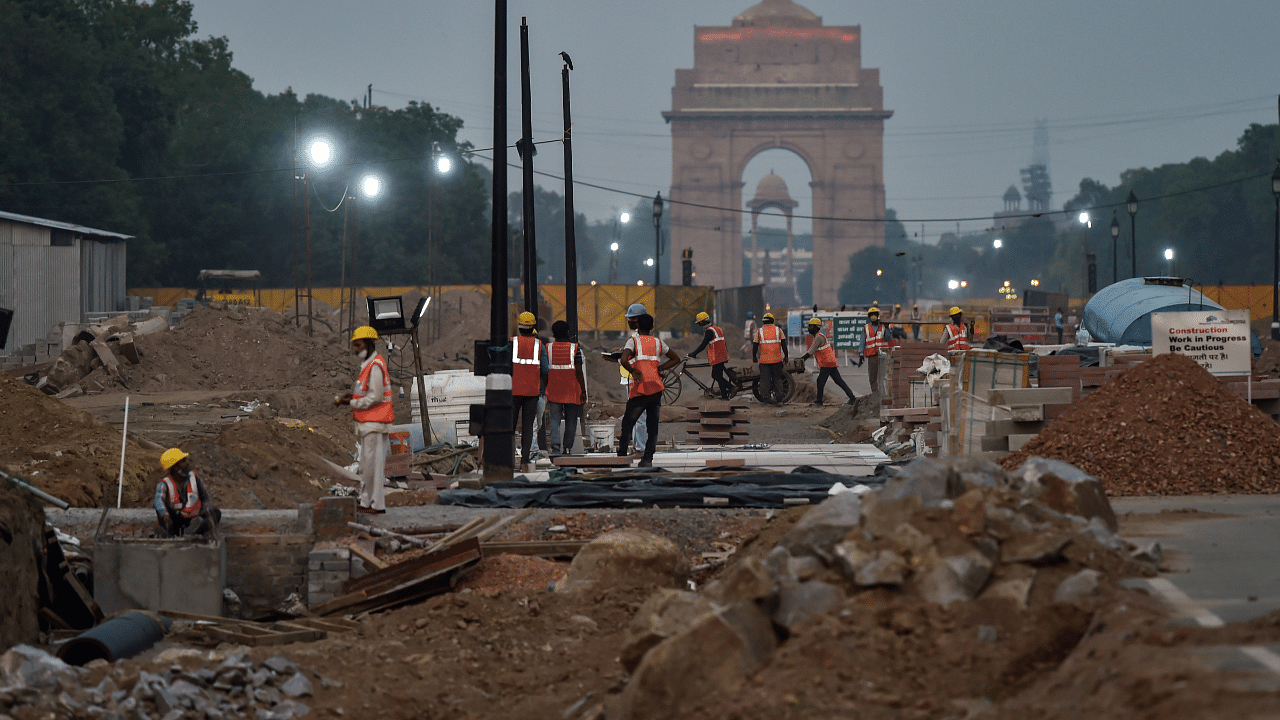 Construction work underway as part of the Central Vista Redevelopment Project, at Rajpath. Credit: PTI PHoto