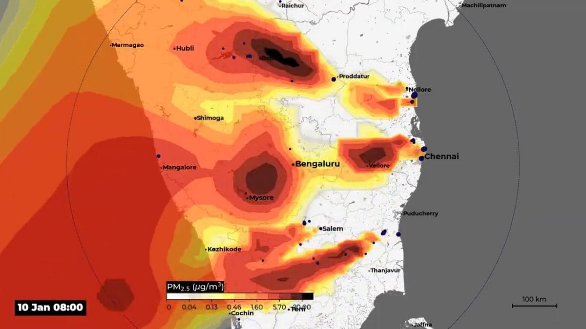 A snapshot of a video showing the modelling of air pollution caused by coal-based power plants located 500 km away from Bengaluru. Credit: Special arrangement