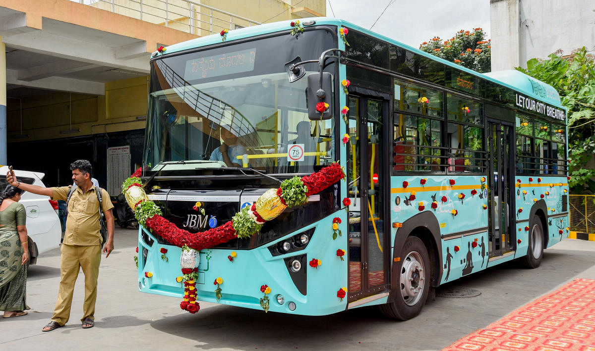 The first e-bus will undergo trial runs once clearances are given by the Transport Department. Credit: DH Photo