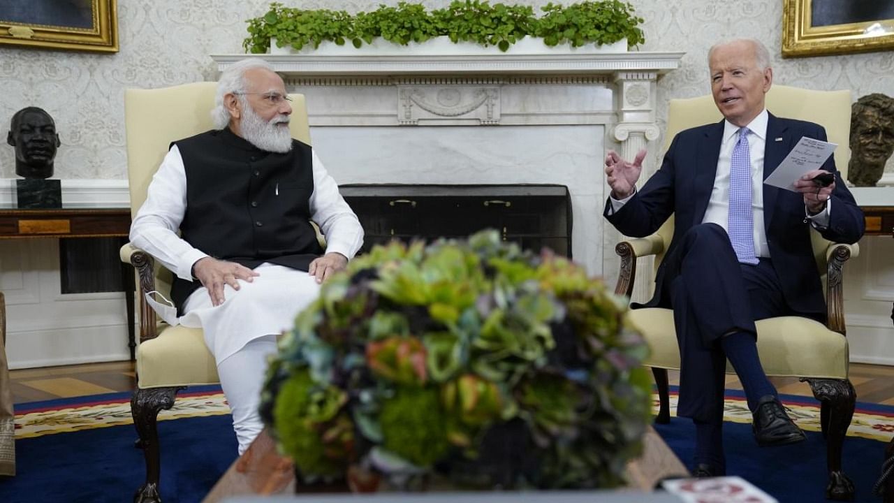 President Joe Biden meets with Indian Prime Minister Narendra Modi in the Oval Office of the White House. Credit: AP/PTI Photo