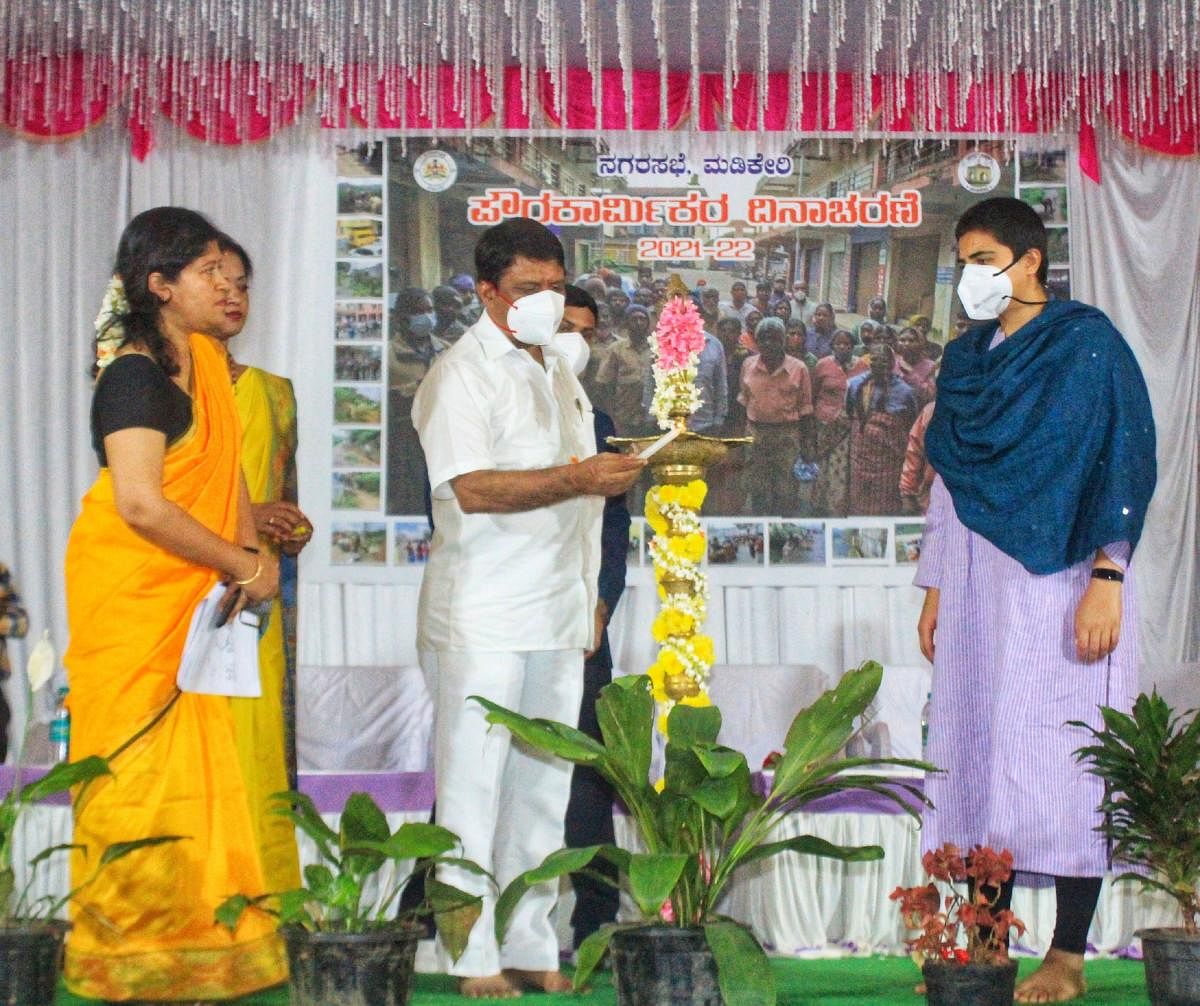 MLA M P Appachu Ranjan inaugurates Civic Workers' Day in Madikeri.