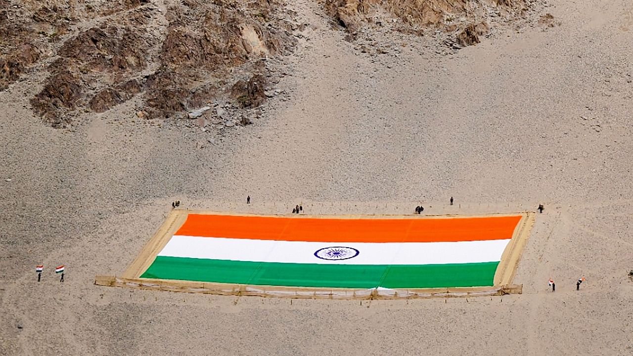 World's largest Khadi national flag installed in Leh on the occasion of Mahatma Gandhi's 152nd birth anniversary. Credit: PTI Photo