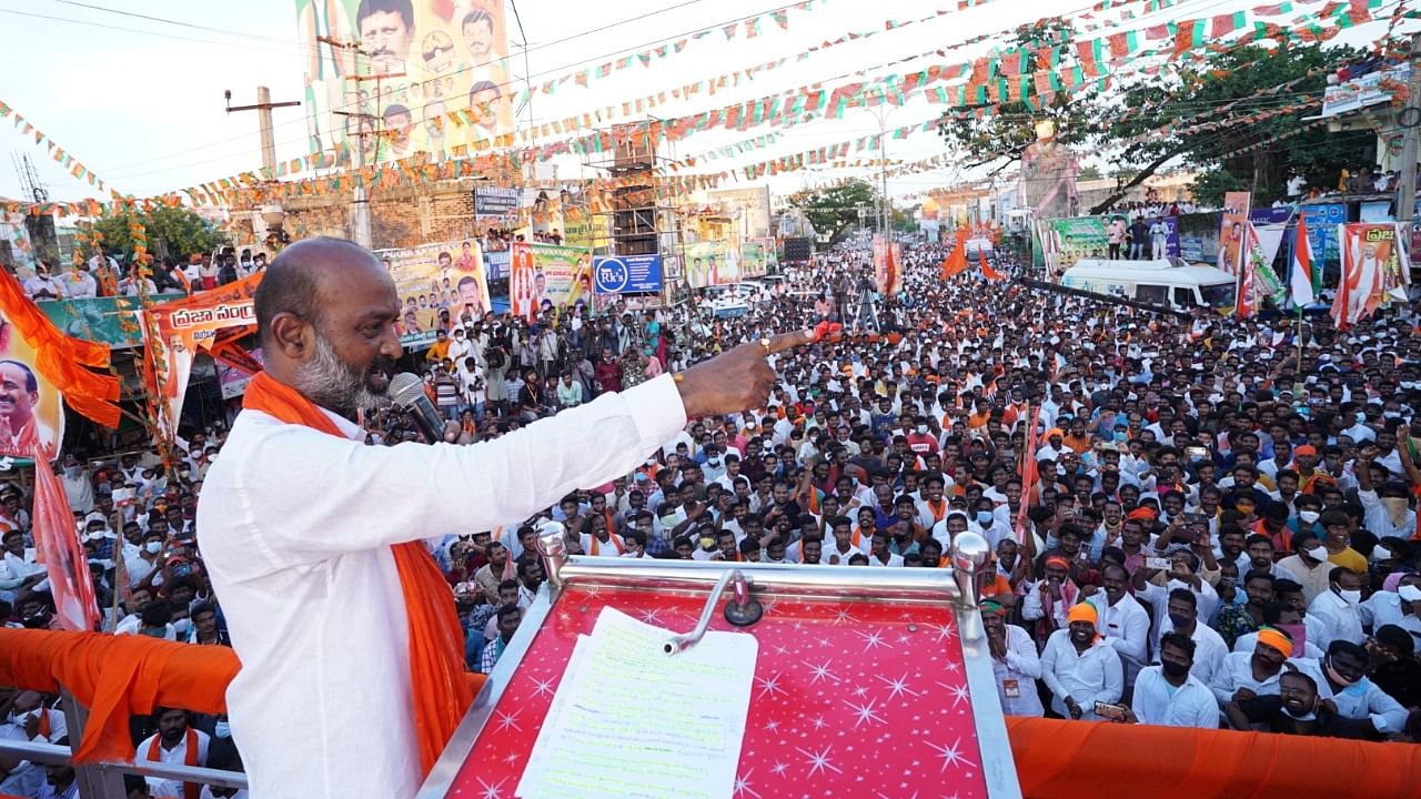 Telangana BJP chief Bandi Sanjay during a rally in Husnabad. Credit: Special Arrangement