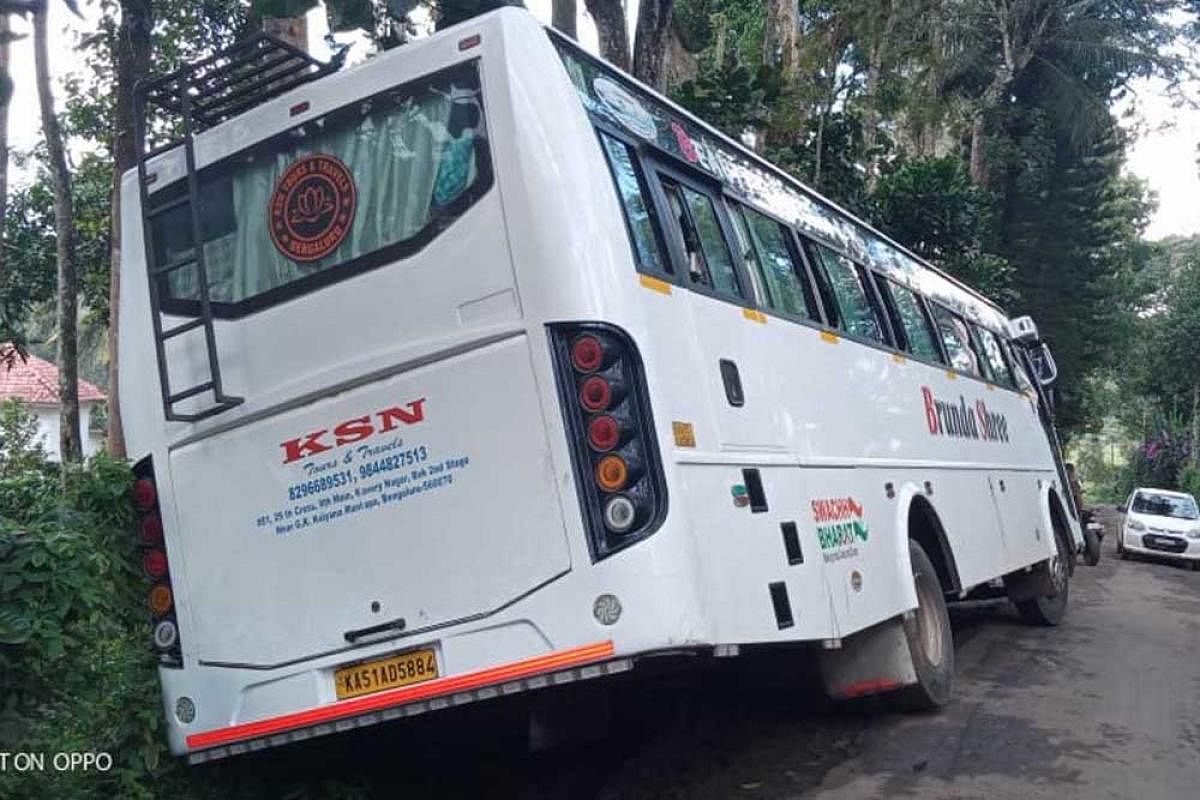 A bus veered off the road near Kambibane in Kodagu.