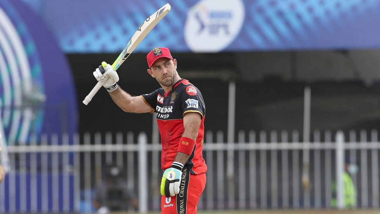 Glenn Maxwell of Royal Challengers Bangalore after his fifty during match 48 of the Indian Premier League between the Royal Challengers Bengalore and Punjab Kings held at the Sharjah Cricket Stadium, Sharjah in the United Arab Emirates. Credit: PTI photo/Sportzpics for IPL