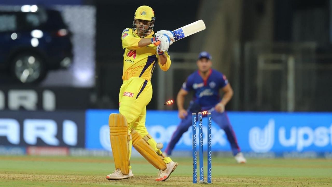 MS Dhoni captain of Chennai Super Kings bowled out during match 2 of the Indian Premier League 2021 between Chennai Super Kings and the Delhi Capitals. Credit: PTI File Photo