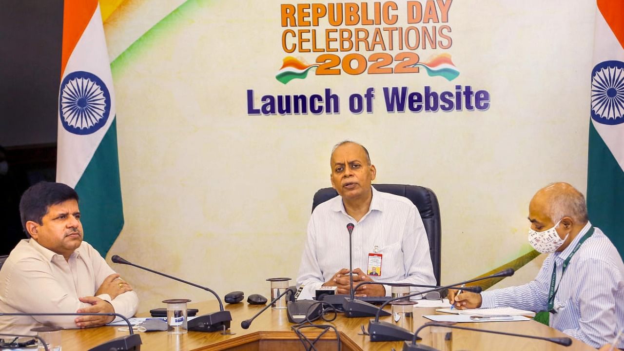  Defence Secretary Ajay Kumar addresses the gathering during the launch of website on Republic Day Celebrations 2022. Credit: PTI Photo