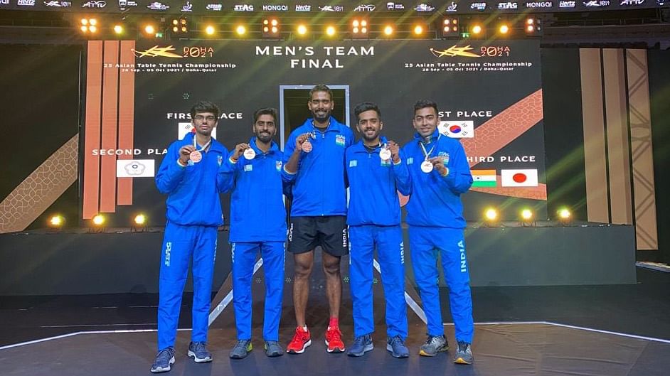 Yet, the Indian men made history at the Asian Championships, first winning team bronze last week, and both pairs adding a doubles bronze each. Credit: Twitter/ @sharathkamal1