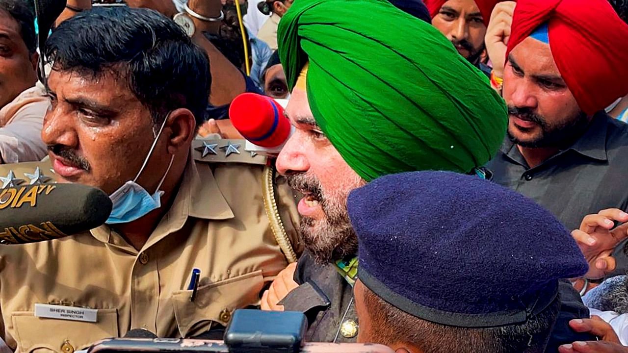 Navjot Singh Sidhu along with INC MLAs detained by Chandigarh Police while protesting in support of farmers after violence broke out in Lakhimpur Kheri yesterday, in Chandigarh, Monday, October 4, 2021. Credit: Twitter/@INCPunjab/PTI