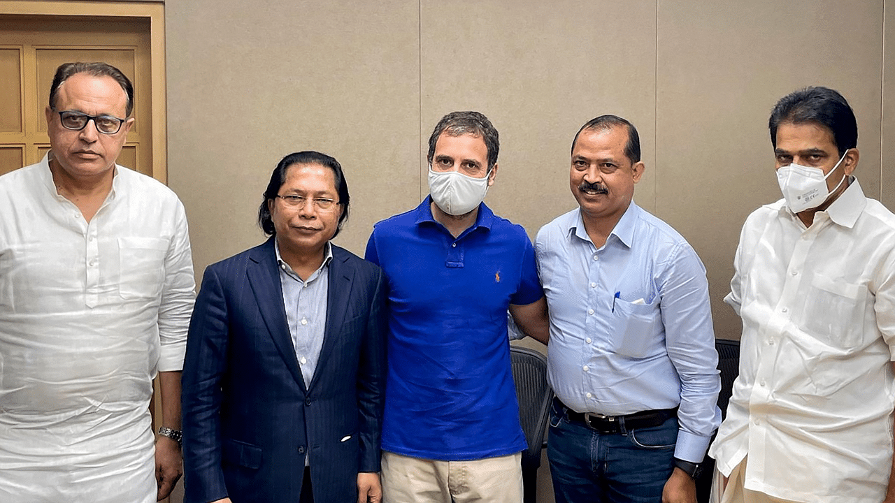 Congress leader Rahul Gandhi meets Meghalaya PCC President Vincent Pala, CLP Leader Mukal Sangma. Credit: PTI Photo