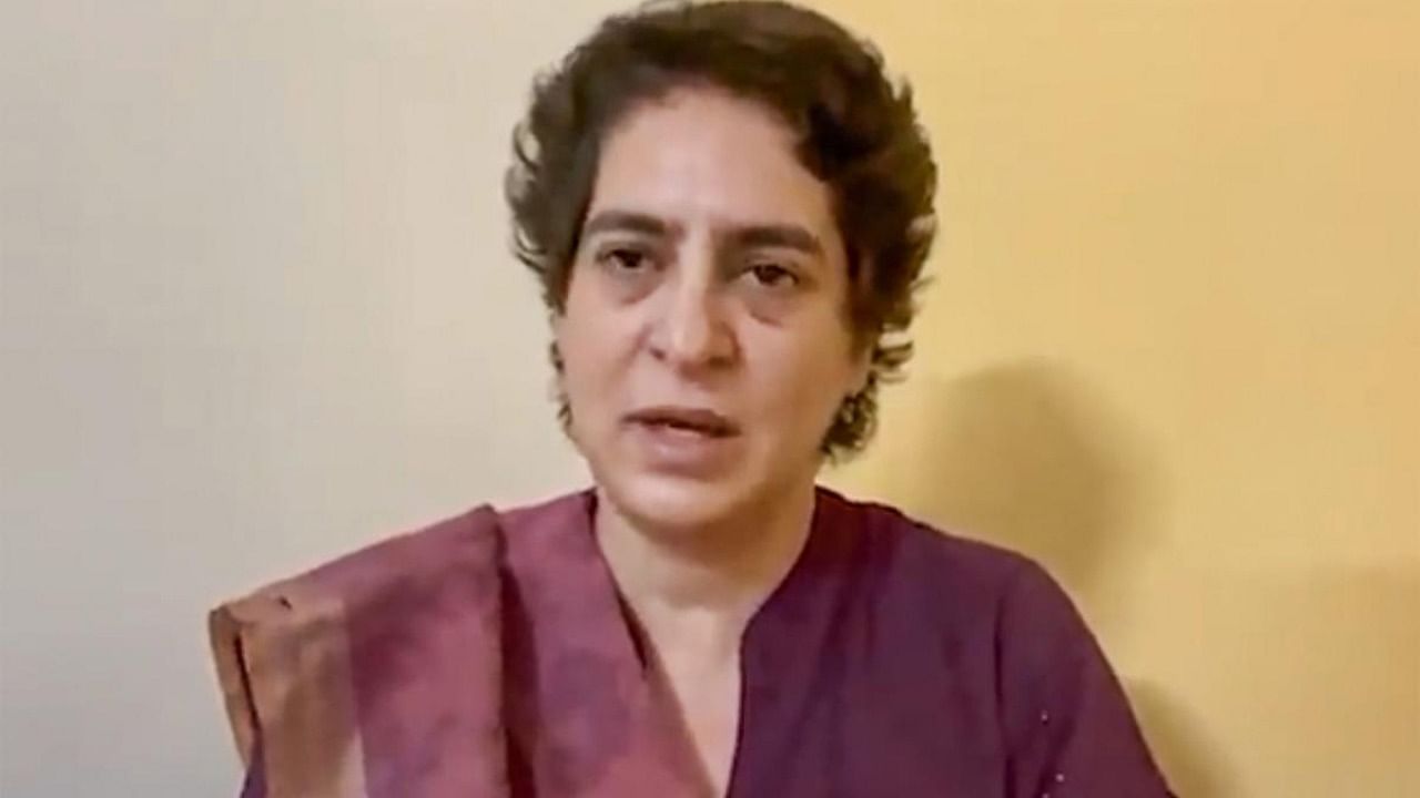 Congress General Secretary Priyanka Gandhi Vadra, who has been detained in Uttar Pradesh's Sitapur while on her way to visit violence-hit Lakhimpur district, speaks to the media virtually. Credit: PTI Photo