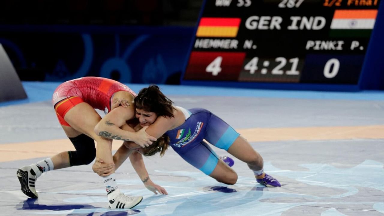 Germany's Nina Hemmer (L) and India's Pinki Pinki fight during the 55 kg class semifinal of the Women's 2021 World Freestyle Wrestling Championships in Oslo. Credit: AFP Photo