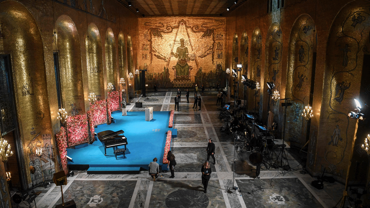 Preparations are underway before the start of the Nobel Prize ceremony held digitally due to the coronavirus (Covid-19) pandemic. Credit: AFP Photo