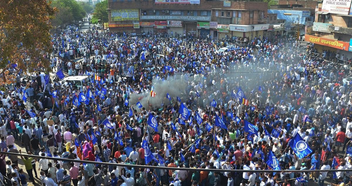 Members of Dalit community and Bhim Sena stage a protest during 'Bharat Bandh' against the alleged 'dilution' of the Scheduled Castes and the Scheduled Tribes Act by Supreme court, in Jodhpur in April 2018. Credit: PTI Photo