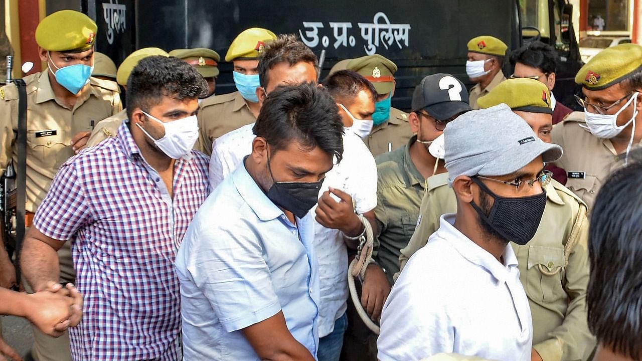 Police produce journalist Siddique Kappan and three others, suspected to have links with the Popular Front of India and its affiliate in Mathura, to a court in Mathura, Wednesday, October 7, 2020. Credit: PTI Photo