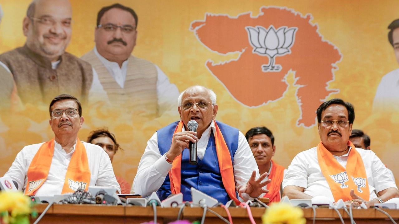 Gujarat Chief Minister Bhupendra Patel addresses a press conference after winning Gandhinagar Municipal Corporation Election, at BJP HQ in Gandhinagar, Tuesday. Credit: PTI Photo